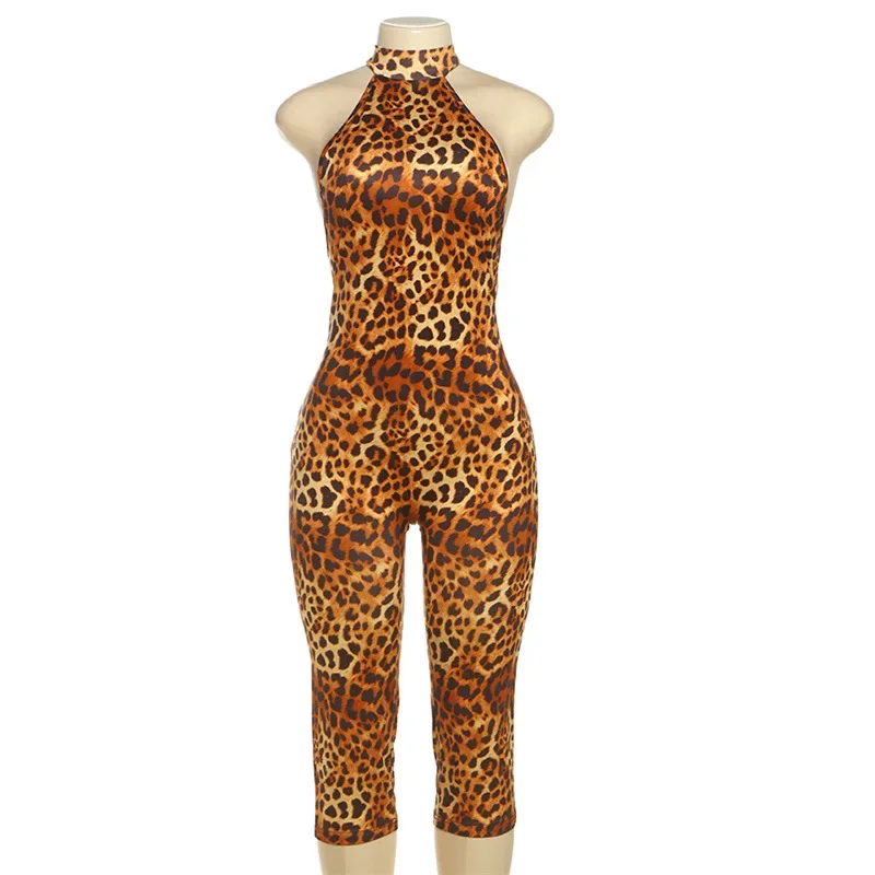 

Summer Skinny Capris Pants Sleeveless Floral Print Jumpsuits Women Sexy Lace Up Halter Backless Ruched Peach Hips Slim Rompers