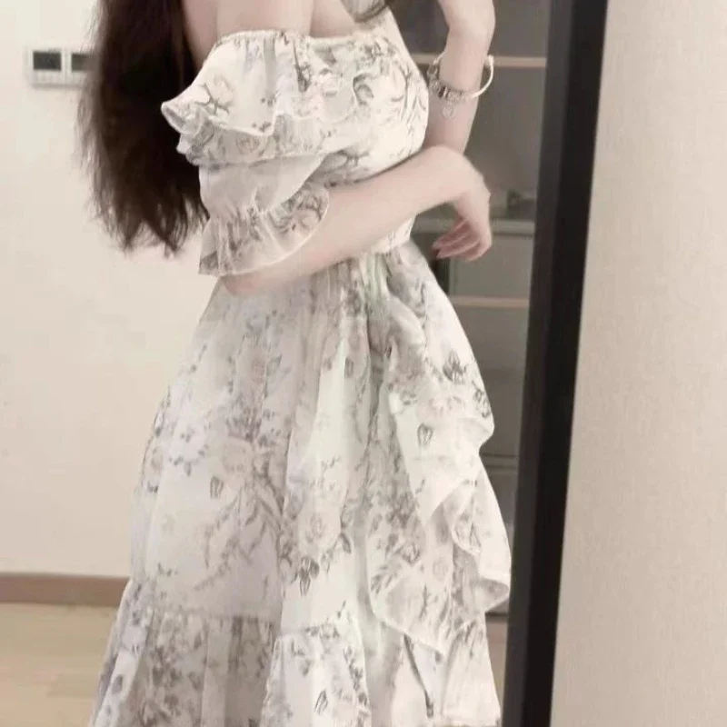 2025 프린트 꽃무늬 퍼프 슬리브 드레스 스퀘어 칼라 원숄더 반팔 스커트 2025 여성 의류 2025 프린트 꽃무늬 P
