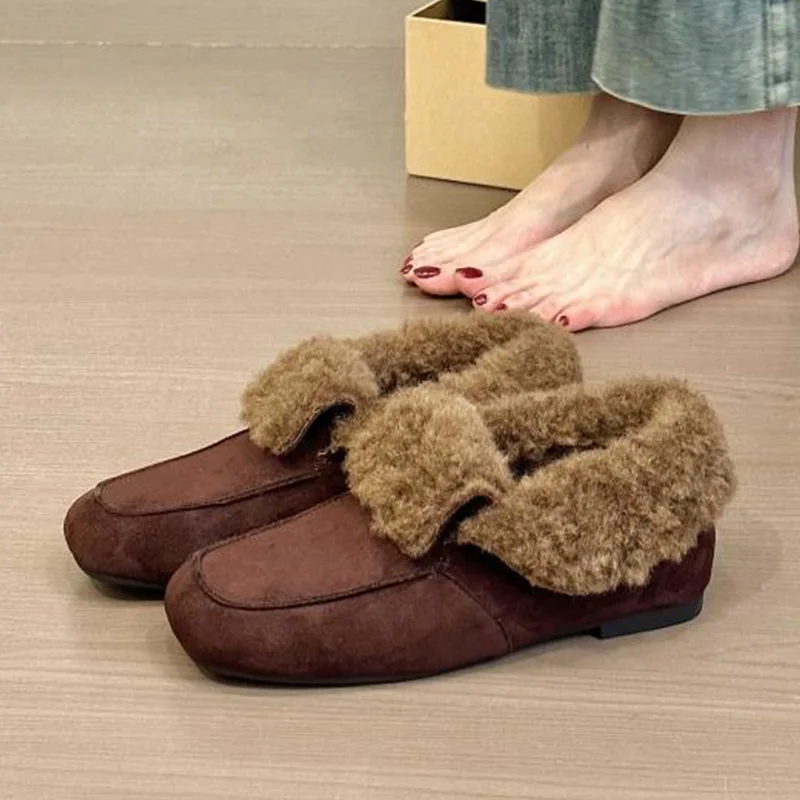 

Fur Women Loafers Shoes Flats Suede Warm Cotton Shoes for Woman Sport Winter Boots 2025 Snow Boots Cozy Square Toe Mujer Zapatos