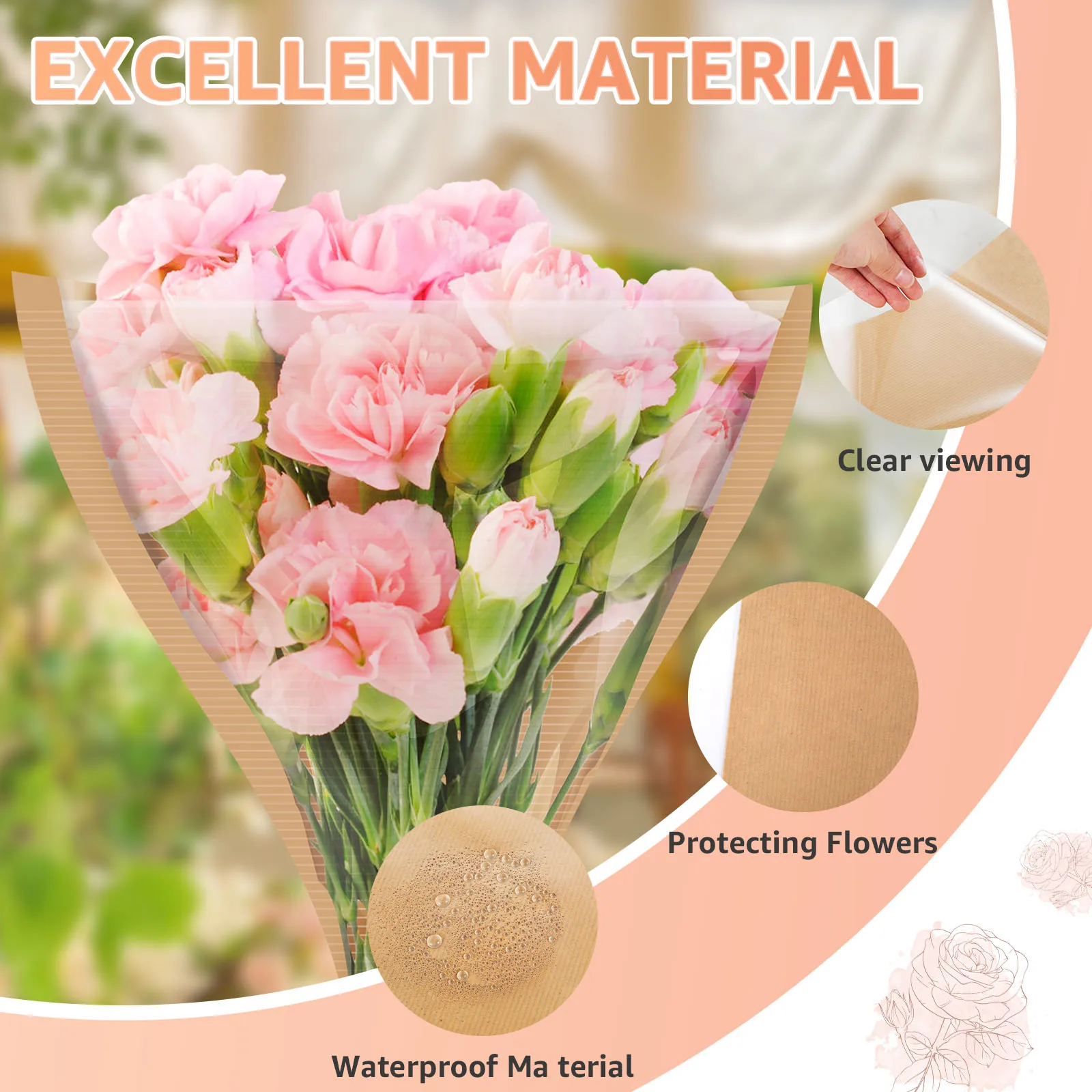 100Pcs Flower Wrapping Paper Brown Paper Flower Bouquet Wrapping Bags Waterproof Flower Sleeves Bouquets for Birthday Wedding