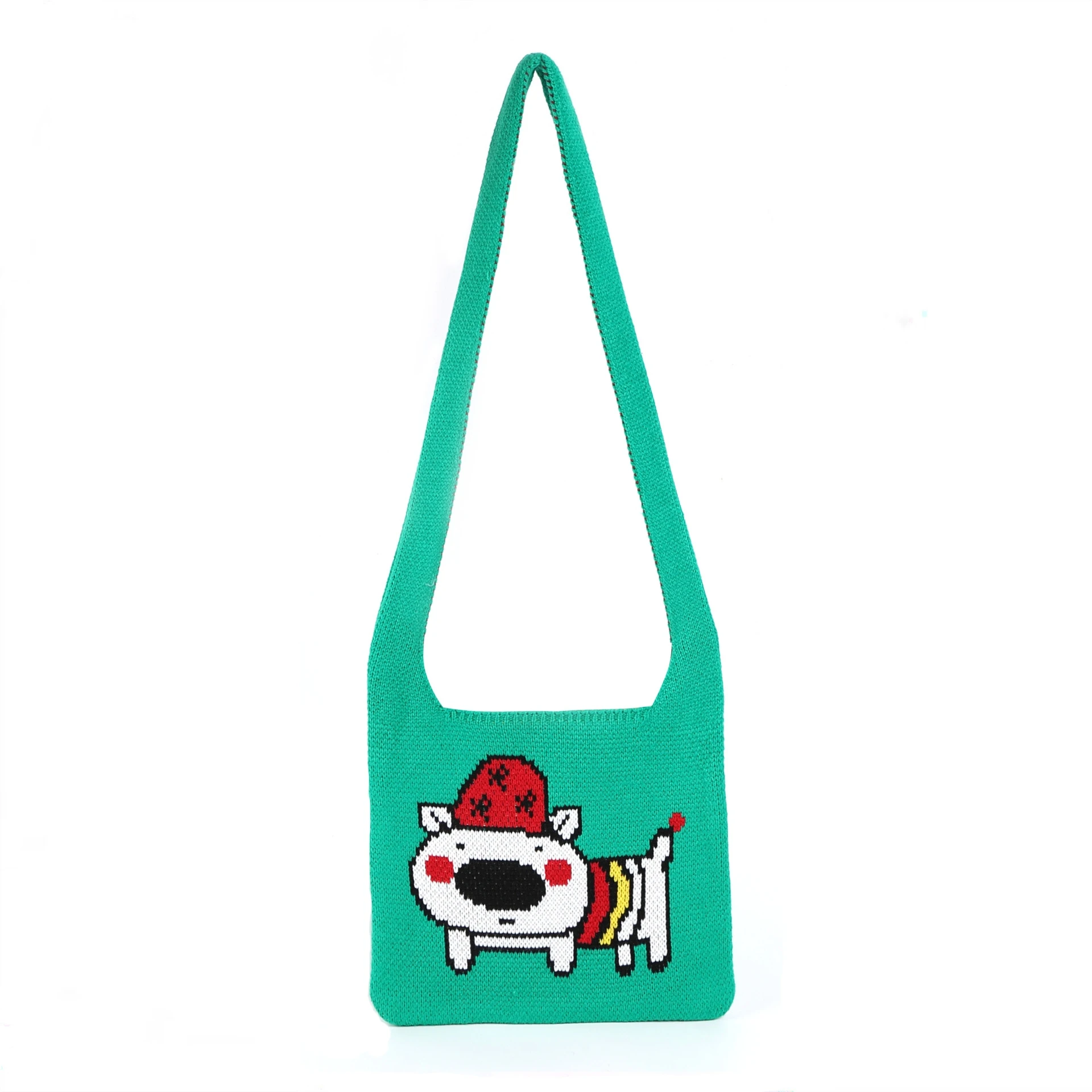 Female Korean Fashion Crochet Cartoon Dog Pattern Medium Size Hobo Bag Streetwear Casual Y2K Aesthetic Knit Side Crossbody Bag