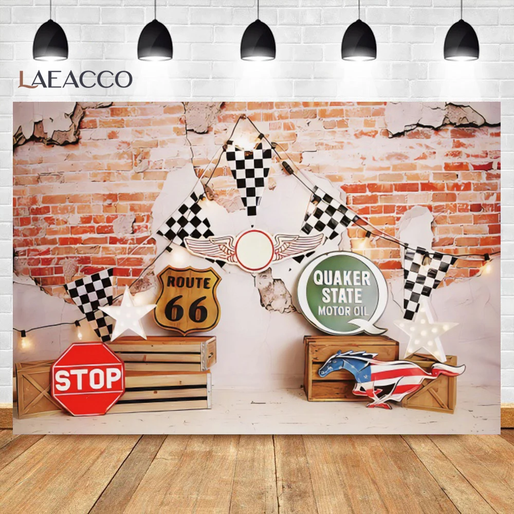 Kids Birthday Cartoon Car Photography Background ROUTE 66 Theme Kids Party Baby Shower Portrait Indoor Photocall Backdrop Props