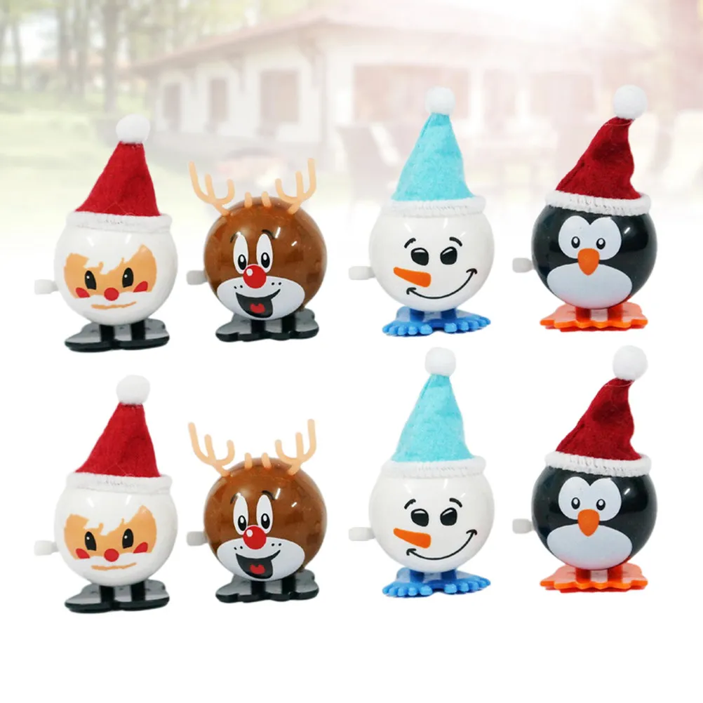 クリスマスのゼンマイ仕掛けのサンタクロース、トナカイ、ペンギン、雪だるまの8点セット。安全なabs素材を使用。ゼンマイ式で動く動物のおもちゃ。パーティーの景品やプレゼントに最適。