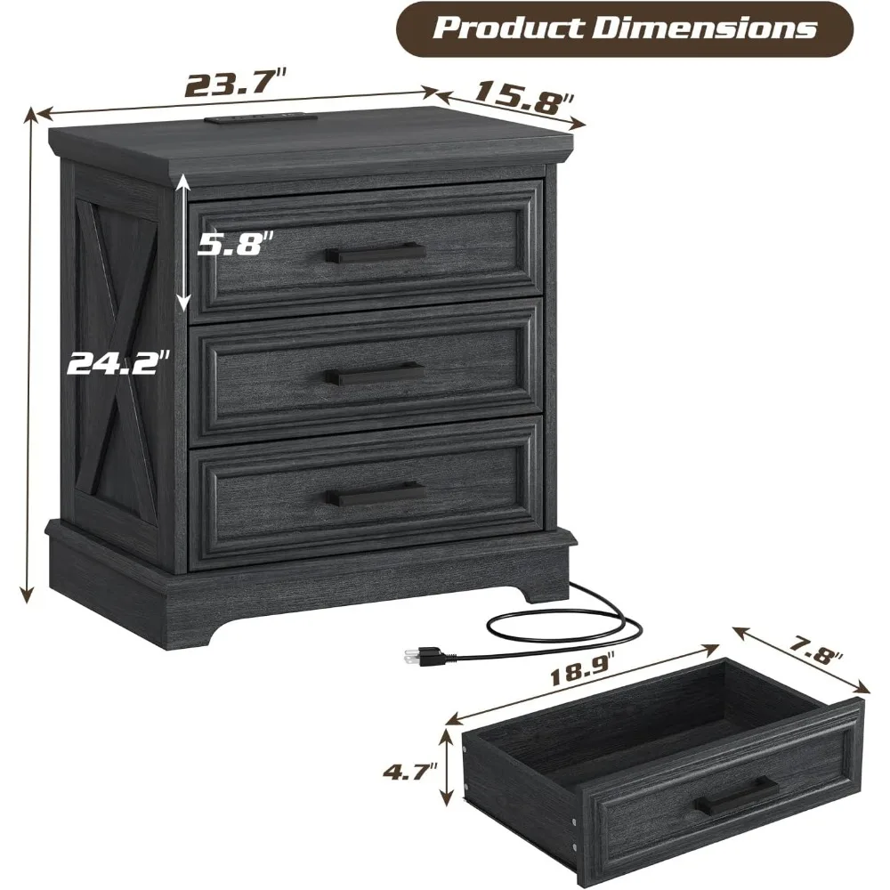منضدة مزرعة بعرض 24 بوصة مع قاعدة شحن، منضدة رمادية داكنة مع 3 أدراج كبيرة، طاولة نهاية خشبية ريفية لـ B #2