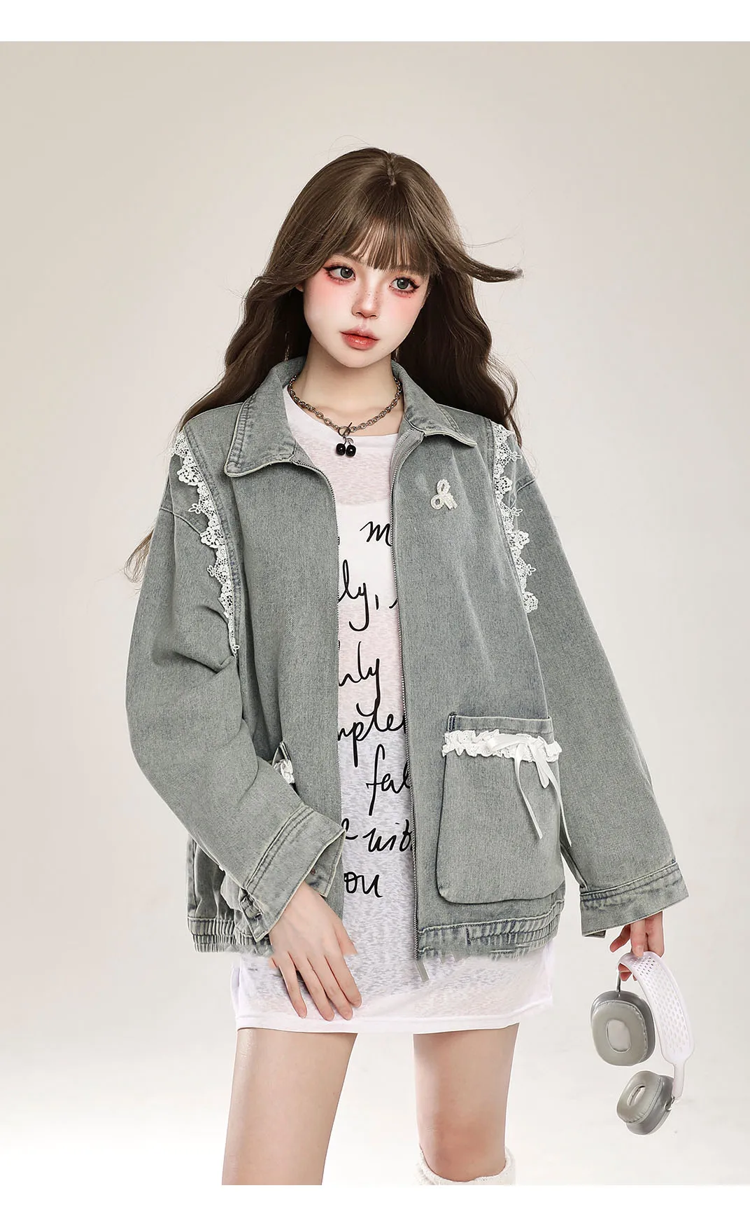 Kawaii Bow Lace Cowboy Jacket for Women, Cuteore Girl Hooded Clothes, Y2k Casual Harajuku Hoodies Jacket, Fashion Coat, Korea, 2000s