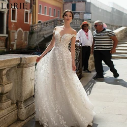LORIE BOHO Tulle Wedding Dresses Off Shoulder Lace Appliques A-Line Backless Pleated Bride Prom Gown 2024 Bridal Gown Customized