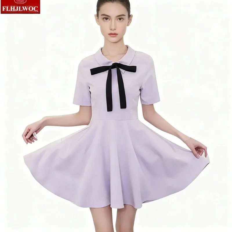 Shirt Jurken 2026 Dames Zomer Korte Mouw Leuke Zoete Meisjes Peter Pan Kraag Strikje Een Lijn Mini Kleine Zwarte Jurk 5229