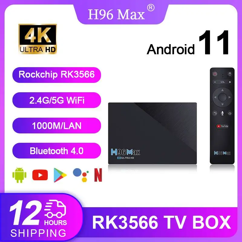 Android11 H96 MAX RK3566 Smart TV Box TV Box 4K@60fps 1000M/LAN Dual Wifi6 BT4.0 Google Voice Assistant Media Player Set Top Box