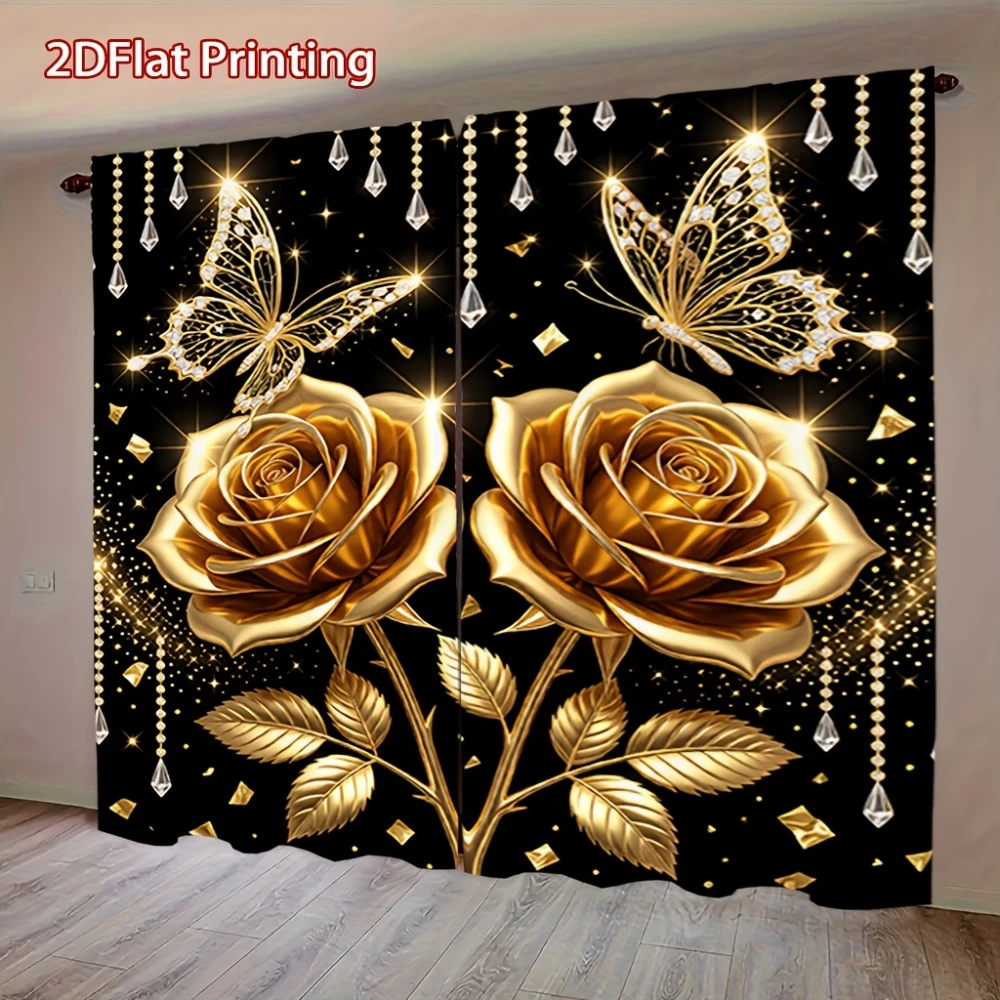2PCS Rose Butterfly Black Gold Print Curtains, Rod Pocket, Polyester, Home Decor, Window Drapes, Bedroom Living Room, Kitchen