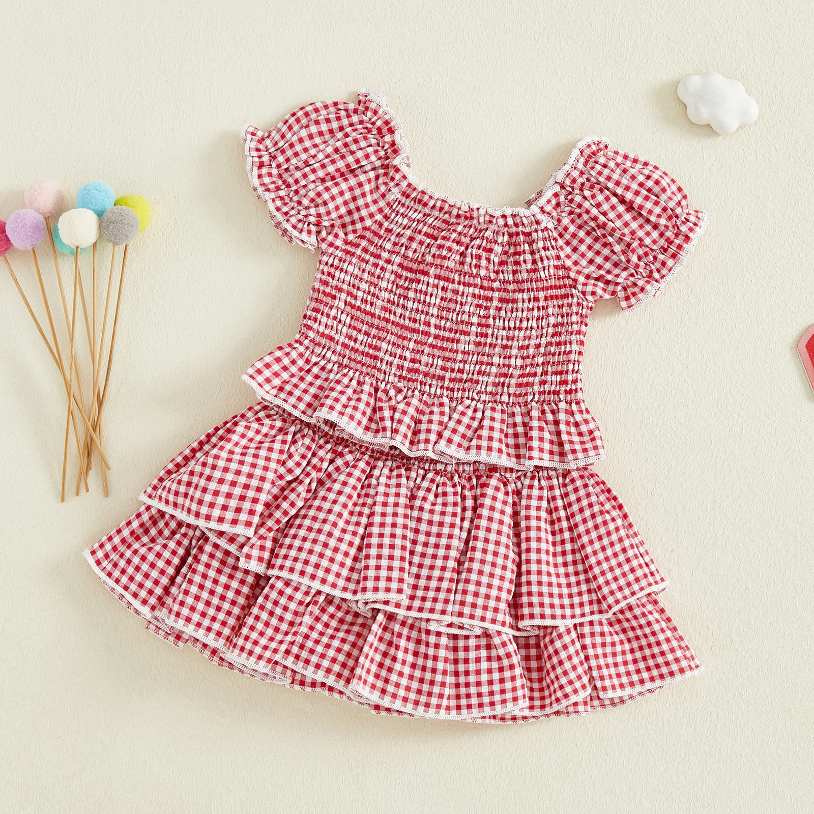 

Комплект из двух предметов для маленьких девочек 1–5 лет, клетчатый комплект с короткими рукавами и квадратным воротником с рюшами и юбкой на эластичной резинке на талии