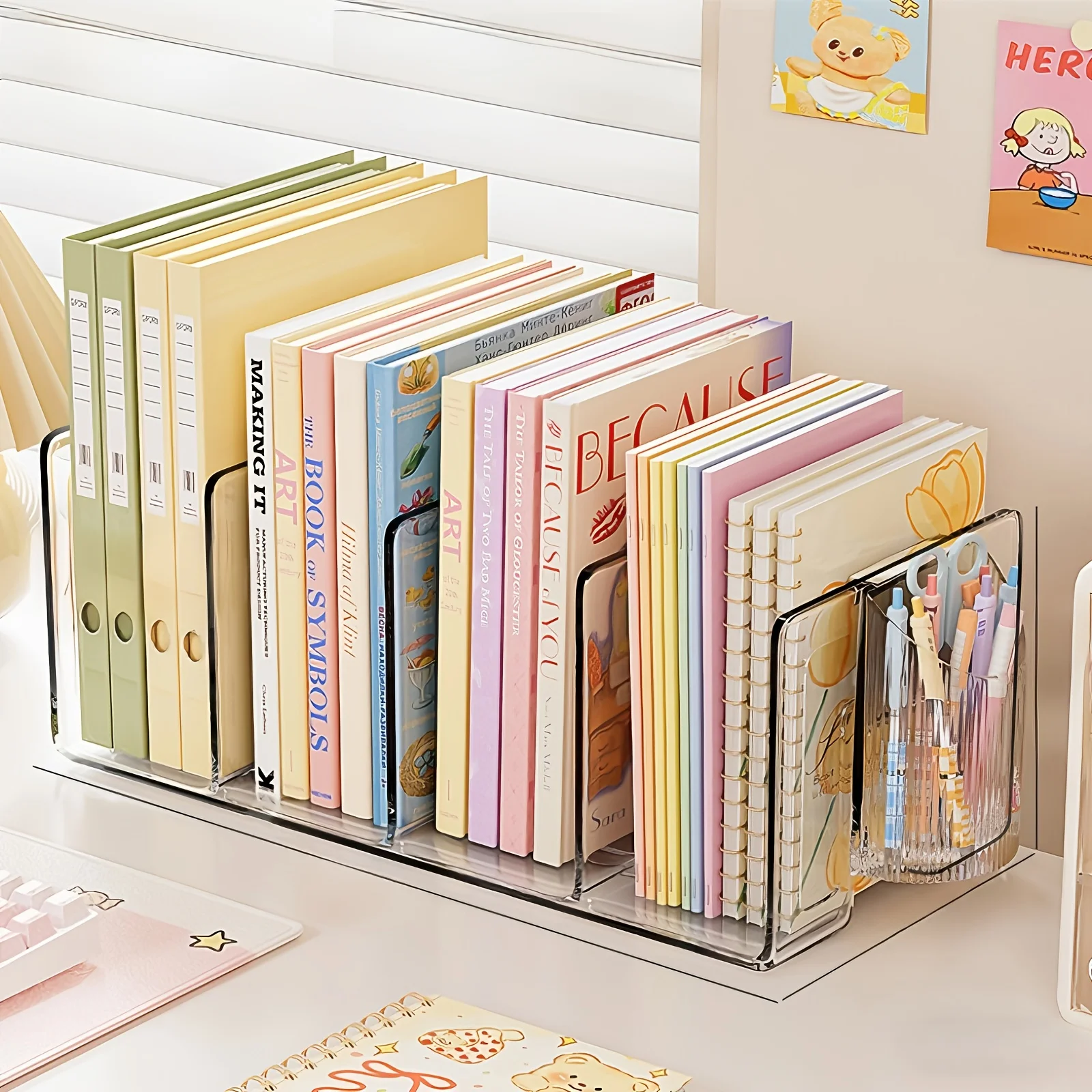 

Transparent Acrylic PP Material - Multi-Functional Desktop Book Stand with Pen Holder, Four-Compartment Organizer for Books