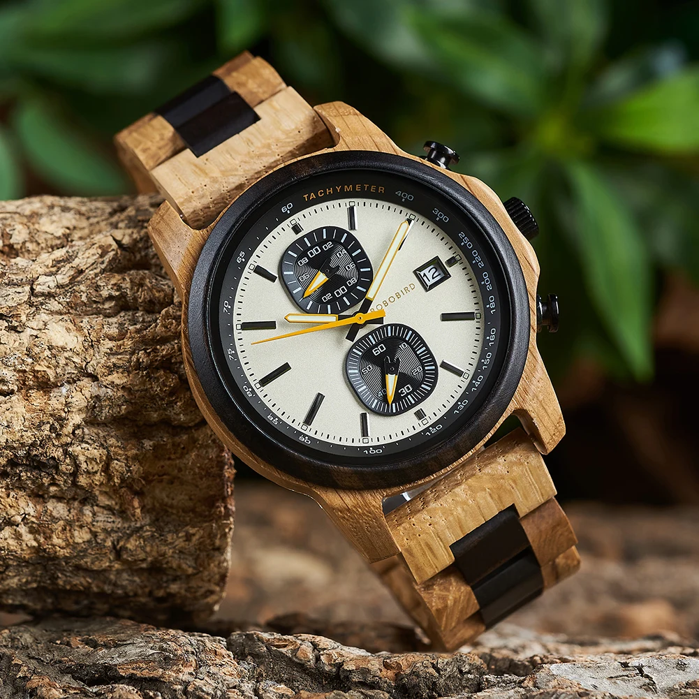 BOBO BIRD Men\'s Wooden Watches Fashion Quartz Wrist Watch For Men Chronograph Clock With Wood Gift Box Reloj Hombre Custom