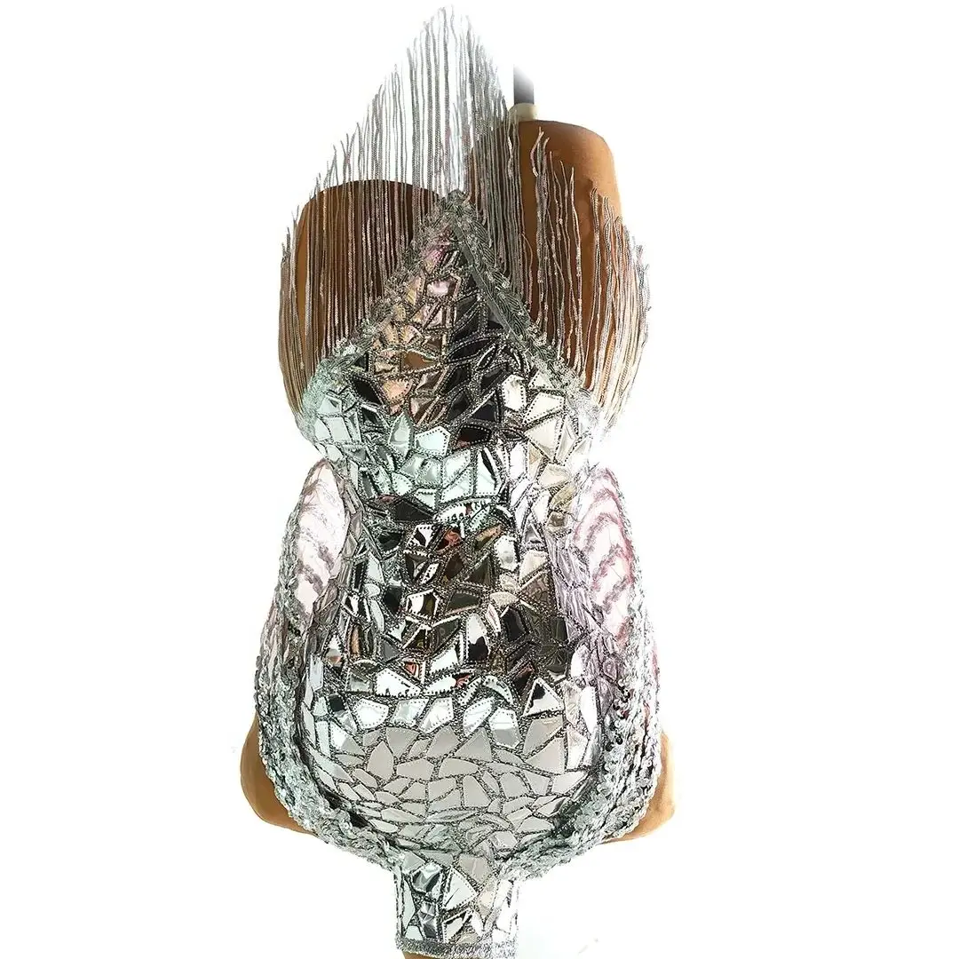 

Club party gown Silver Sequins Tassel Mini show Dress Sexy Showgirl Dance Stage Performance Costume Women Party Dress