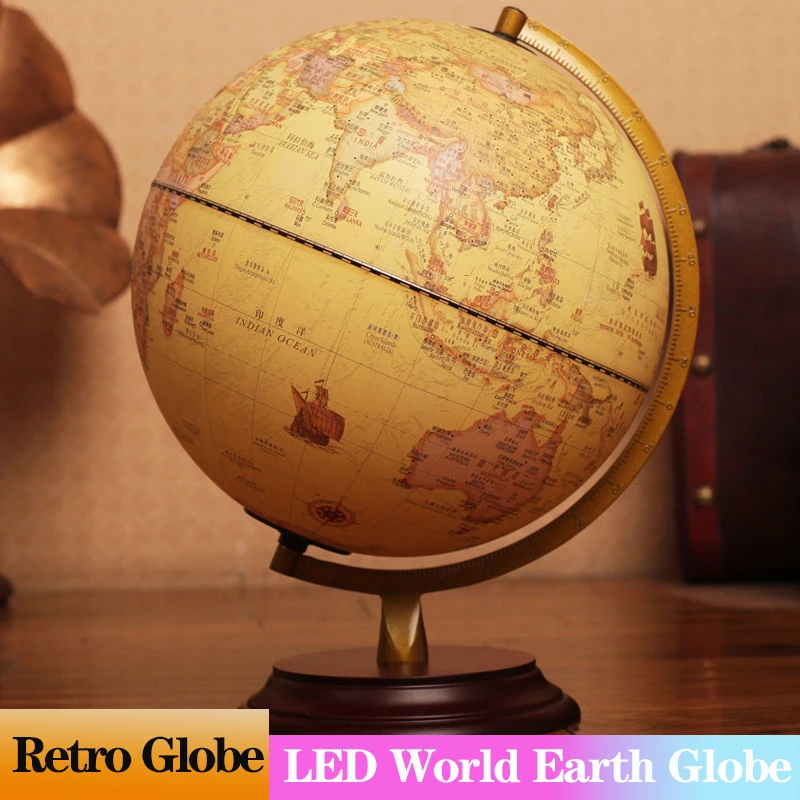 32cm Retro LED World Earth Globe Map 360 Degree Rotating World Geography Map In English Chinese Desk Decoration Table Lamp