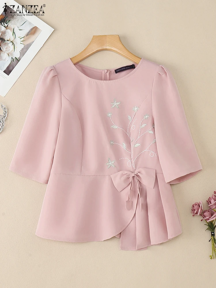 

ZANZEA Asymmetrical Hem Bow Detail Blouses Woman Elegant Casual O-Neck Half Sleeve Blusas Mujer Summer Floral Embroidery Tops