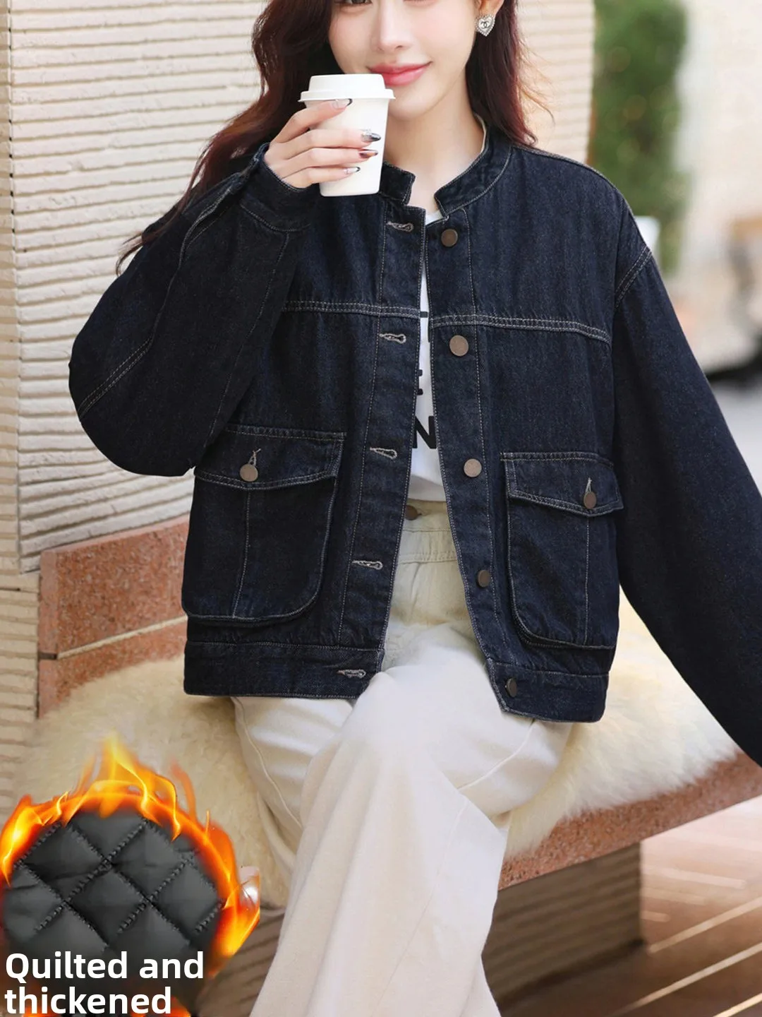 

Autumn Winter Thiened Cotton Lined Loose Women's Denim Jaet Korean Sle Faionable Versatile Slimming Jaet Cotton Clo...