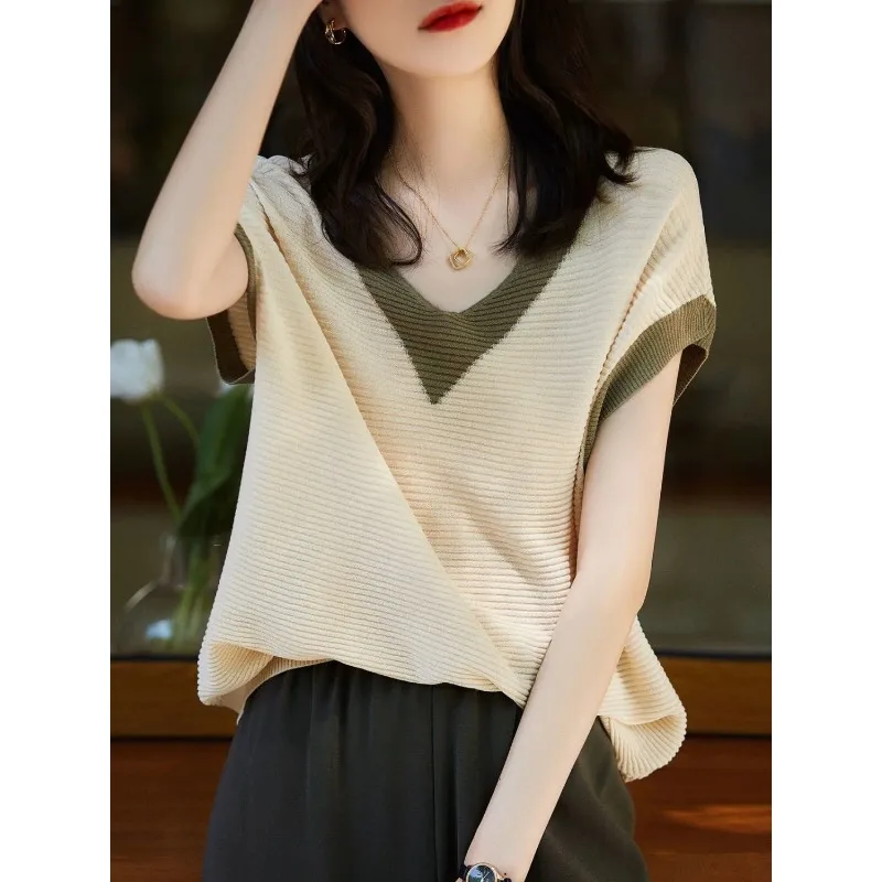 

Женская трикотажная блузка с V-образным вырезом и цветными блоками, рукава-летучая мышь, повседневная летняя блузка