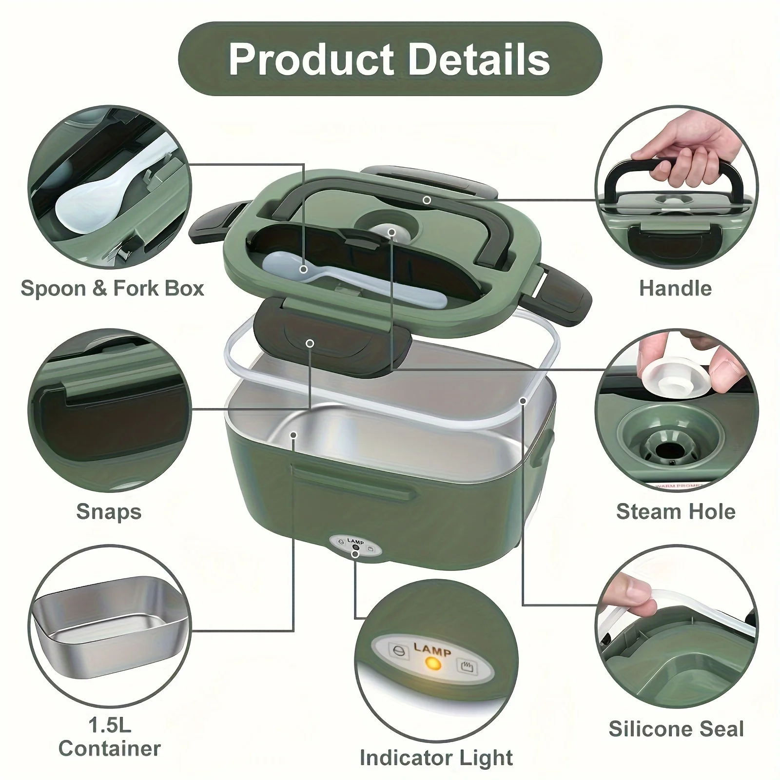 60W Portable  Lunch Box Warmer | 1.5L Leak-Proof Stainless Steel | Car//Truck Use, Versatile Voltage with  Plug Bento box