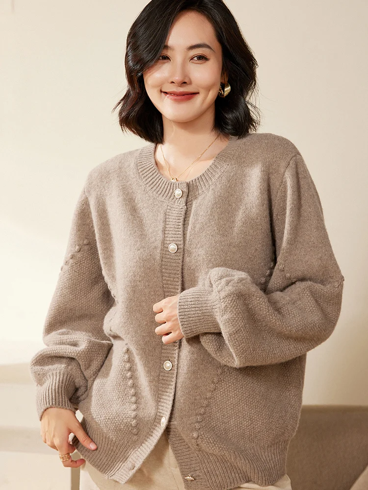 

Women O-neck Wool Buttons Cardigan Autumn Winter Lantern sleeve Cashmere Sweater Long Sleeve Sweater 100% Merino Wool Knit Tops