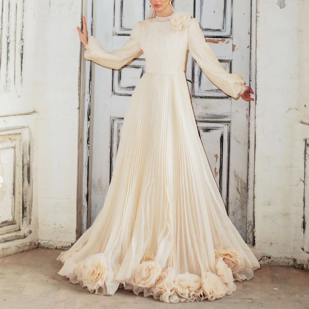 

Customized Elegant Rose Bloom Prom Dress Pleated A Line Crepe Muslim Formal Dress High Neck Lanter Sleeve vestidos de fiesta