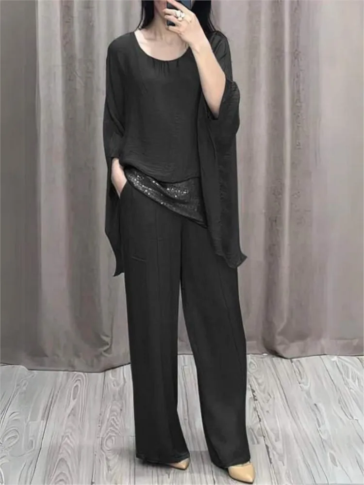 Women Double-layer Top Two-piece Suit Spring Autumn Fashion O-neck Sets Casual Batwing Sleeve Top With Wide Leg Pants Outfits