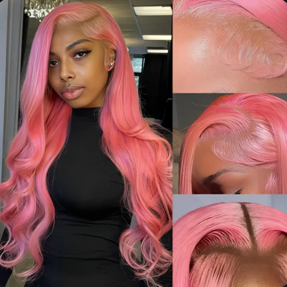 100% Choice Front HD Transparent Lace Pink Wig 13x6 Human Hair Colored Brazilian Body Wave Frontal Cheap Wigs For Women On Sale