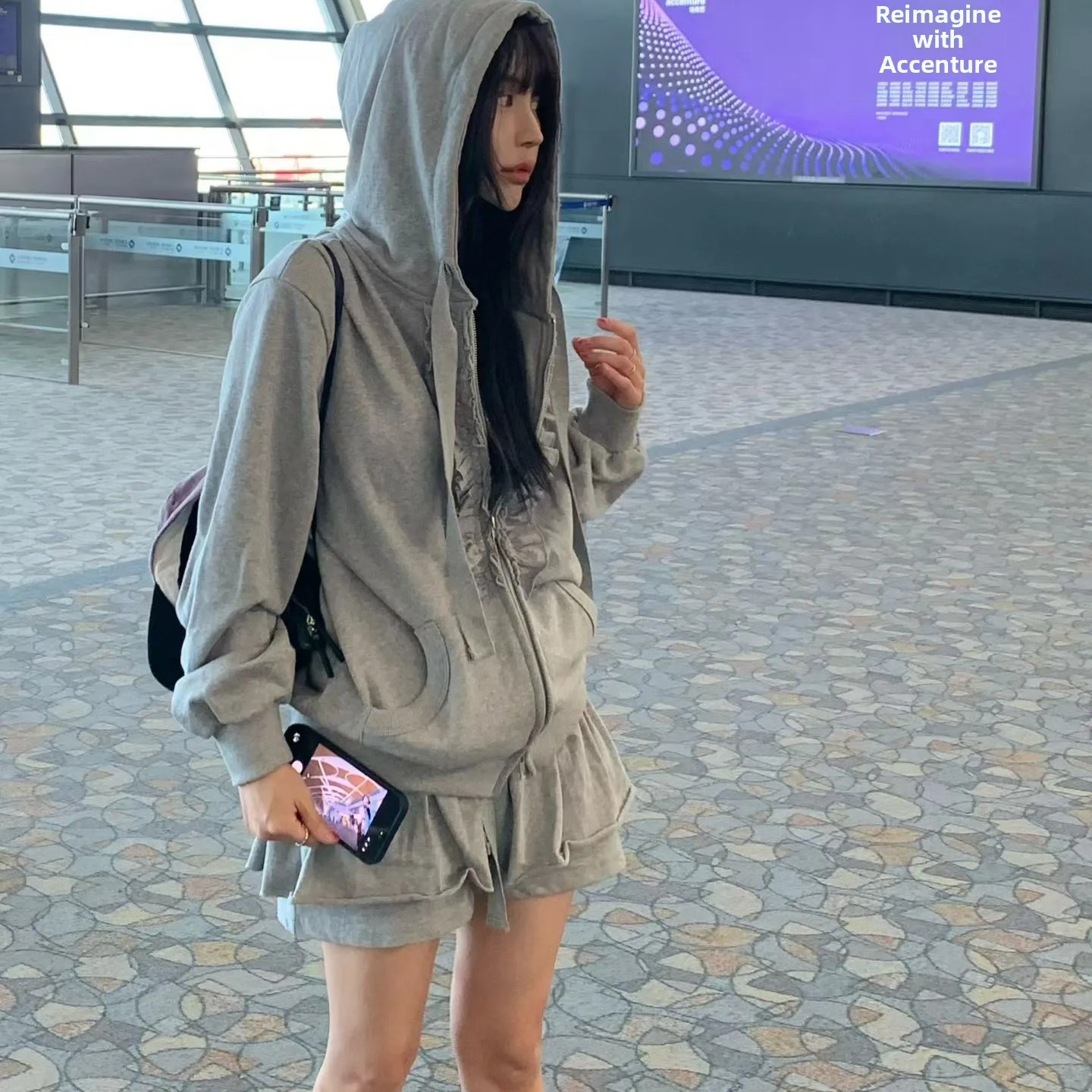 Korean Chic Hooded Sweatshirt Set Women's Early Autumn Zipper Open Cardigan Coat Ruffle Shorts Casual Two-Piece Set