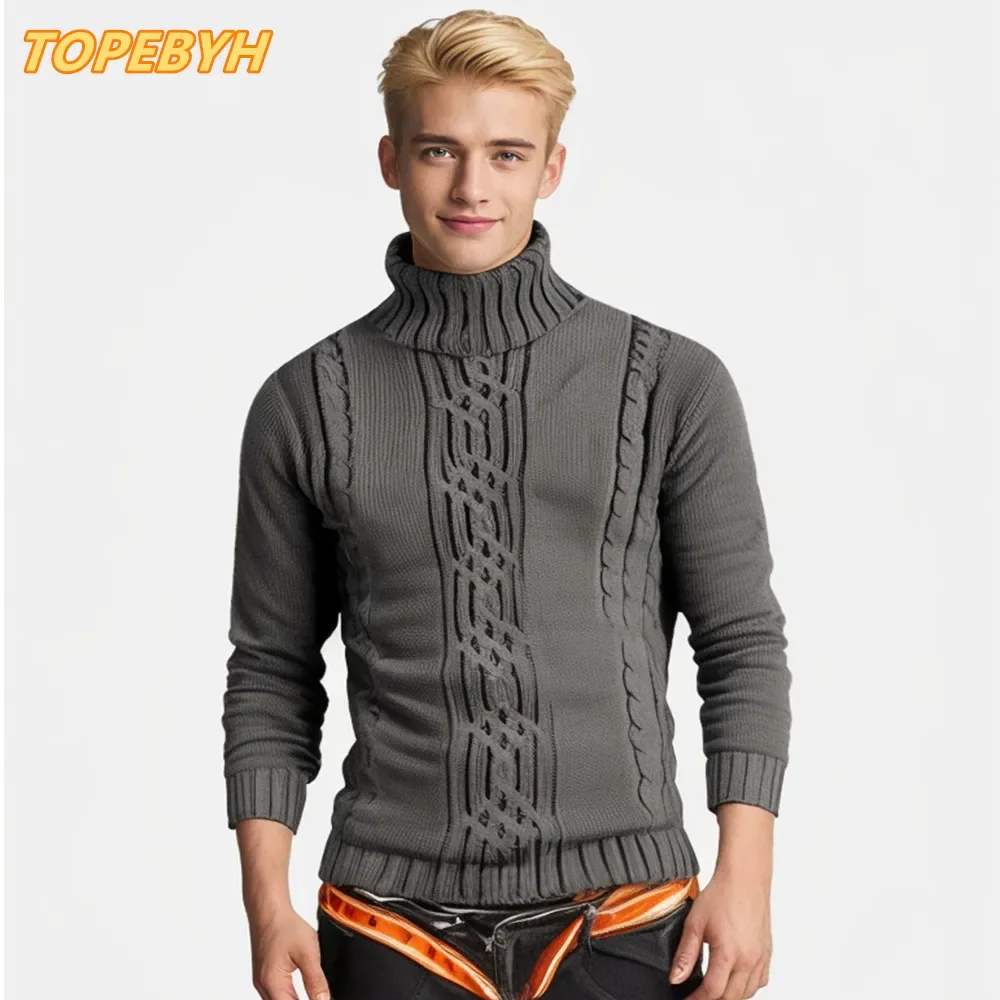 2025 Men's Warm Sweater Long Sleeve Turtleneck Sweater Retro Knitted  Pullover Sweaters