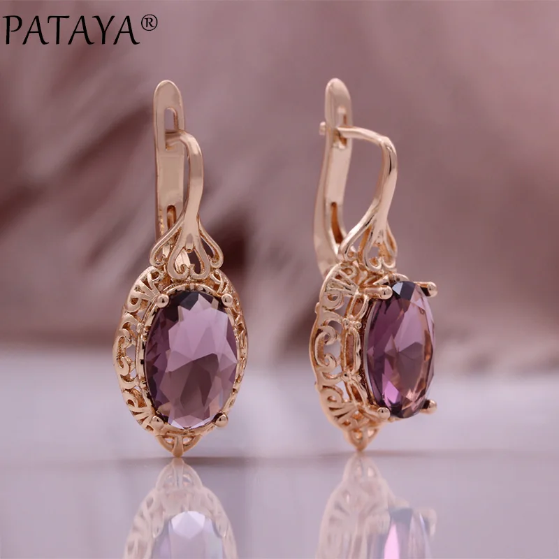 PATAYA Hot Elliptical Natural Zircon English Earrings for Women 585 Rose Gold Color High Quality Daily Jewelry