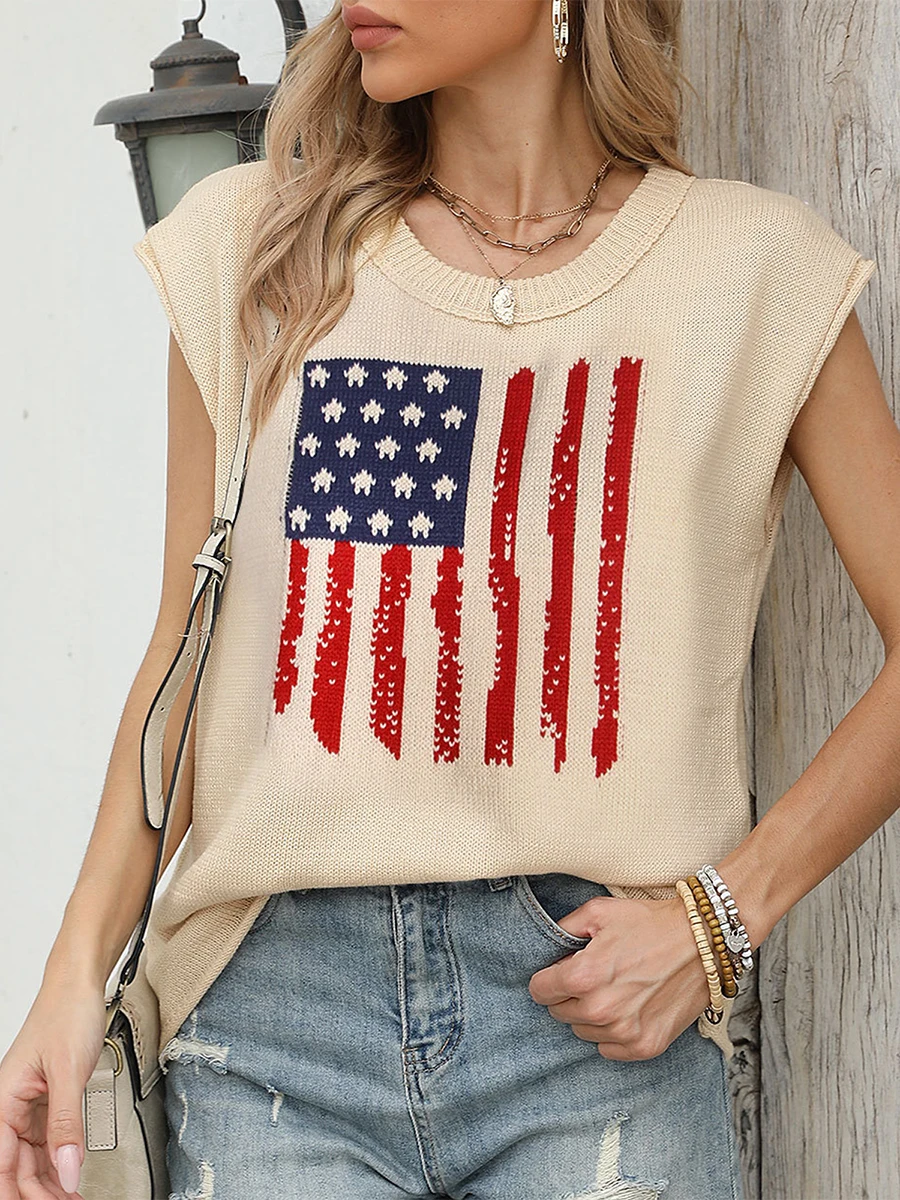 

Women s Summer Fashion Sweater Tops Cap Sleeve Round Neck Flag Print Knitwear T-shirt