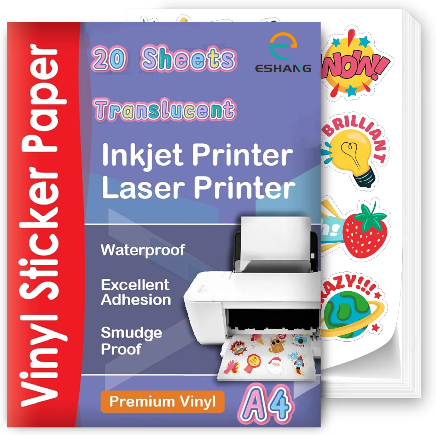 A4 Size  Semi-Clear Sticker Paper for Inkjet  & Laser Printer 20 pcs - Self-Adhesive Water-Proof, Dries Quickly Vivid Colors
