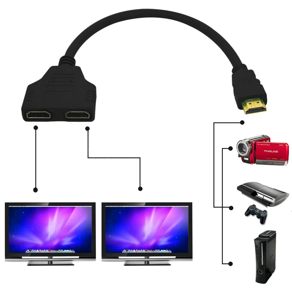 

HDMI-compatible Male To Dual Female HDMI-compatible Cable Adapter Splitter 1 Male To Dual 2 Female In HDMI-compatible LED LCD TV