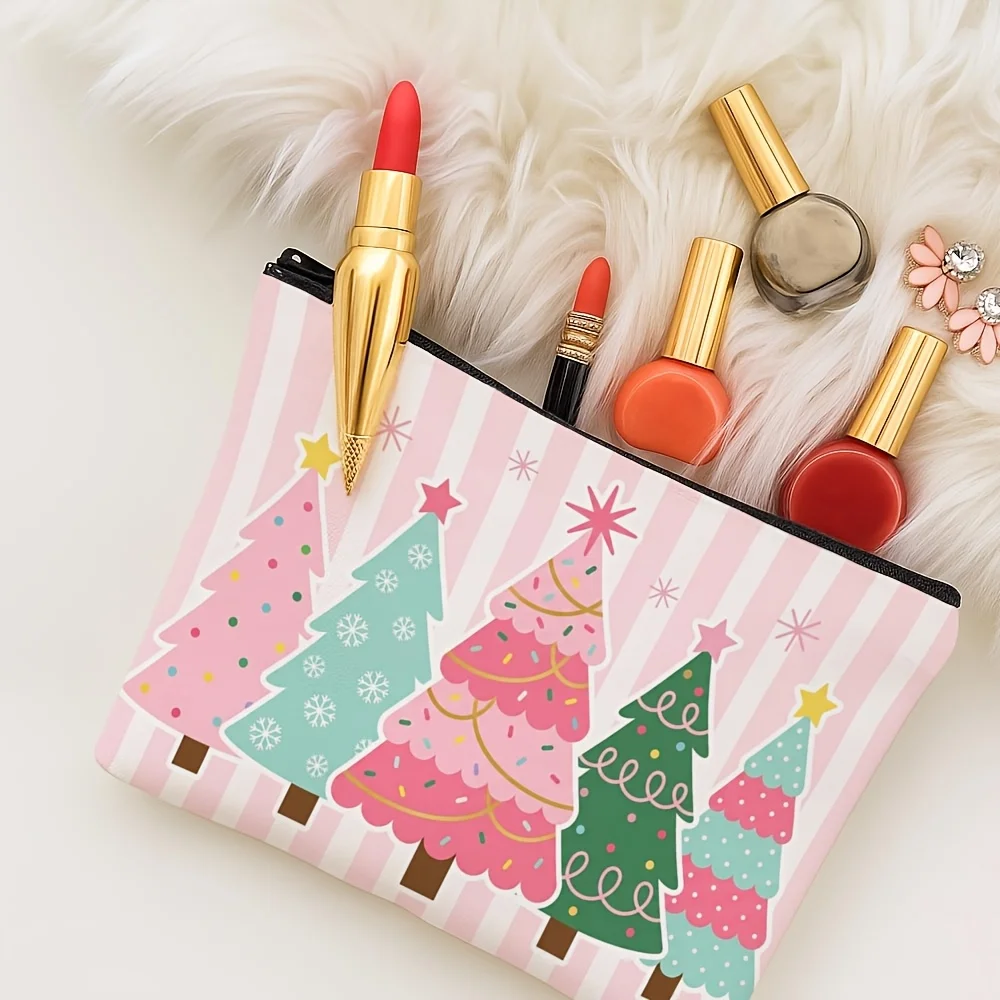 Pink Christmas Tree Makeup Bag Pink White Stripe Cute Xmas Tree Print Zipper Cosmetic Pouch Travel Storage Bag Holiday Gift