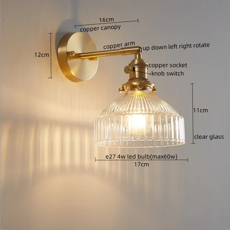 IWHD Clear Glass LED Wall Lamp Bedroom Living Room Bathroom Home Decor Copper Knob Switch Stair Light Fixtures Nordic Modern