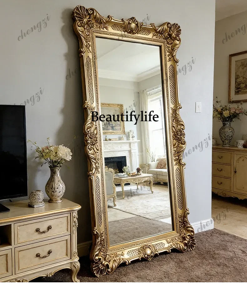 C178 European retro carved full-body mirror handmade custom luxury home living room floor mirror bedroom full-length mirror