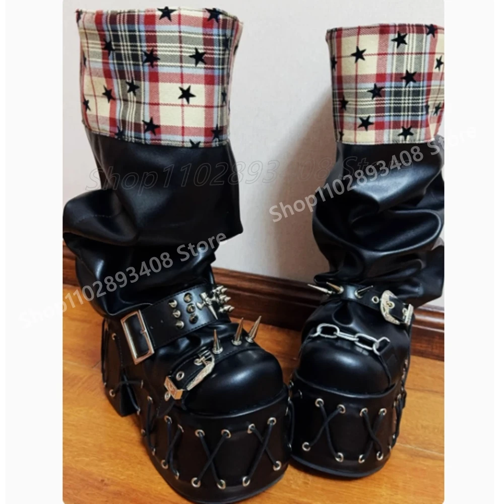 

Black Strappy Punk Cool Style Mid Calf Boots Metal Rivets Round Toe Chunky High Heel Sexy Women Shoes 2025 Zapatos Para Mujere