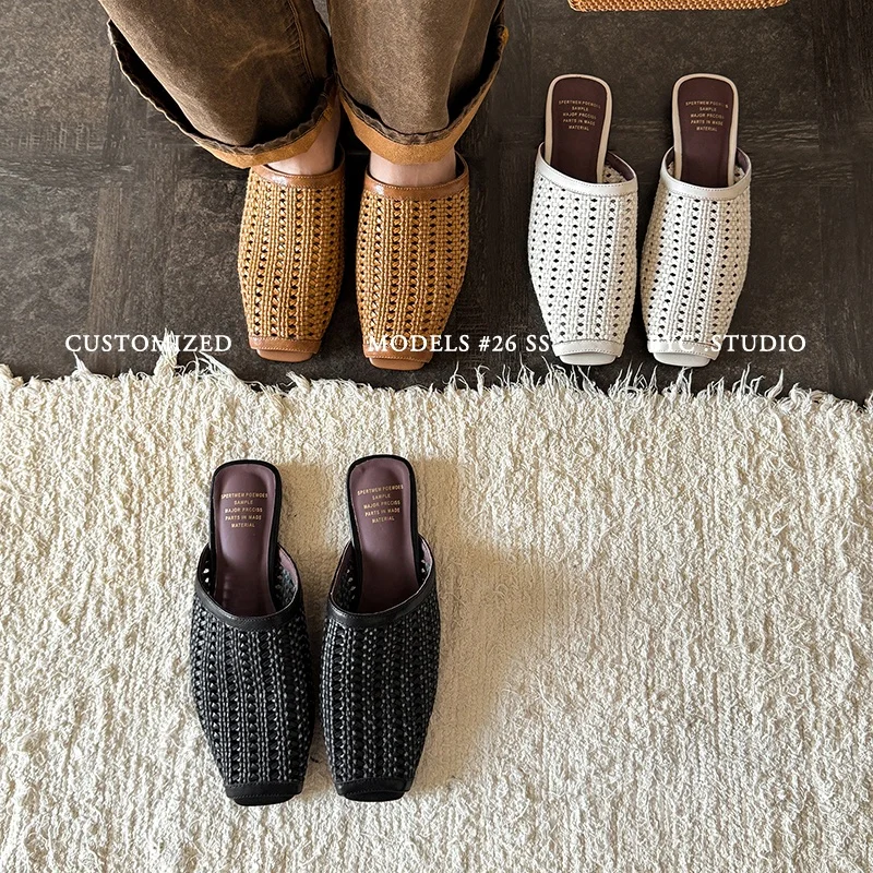 

2026 new spring summer women mules natural leather plus size 22-25.5cm weave fabric+sheepskin square toe low heel women sandals