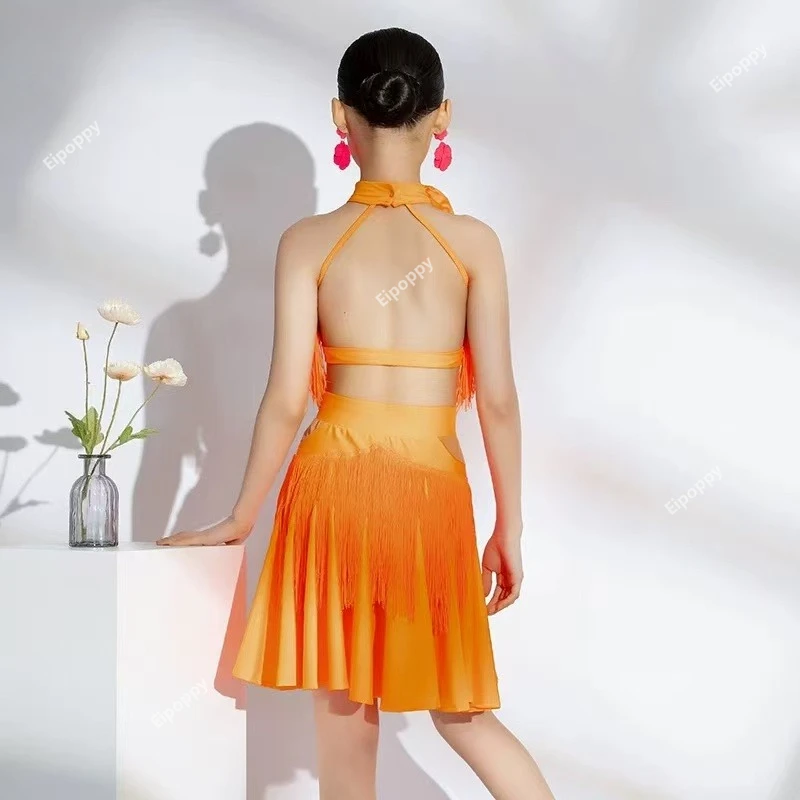 子供ラテンダンスドレス女の子の競技ウエストオフフリンジドレスチャチャサンバダンスパフォーマンスドレス