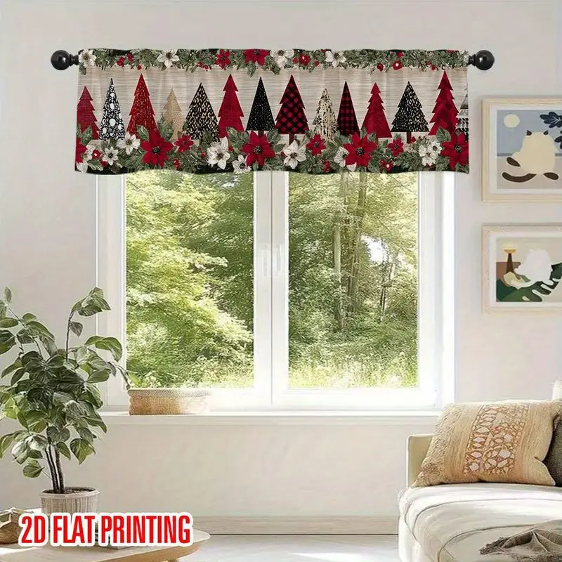 VIKAMA Christmas Window Valance White Tree Snowflake Ball Red Short Curtain for Kitchen Bedroom Living Room Home Decor