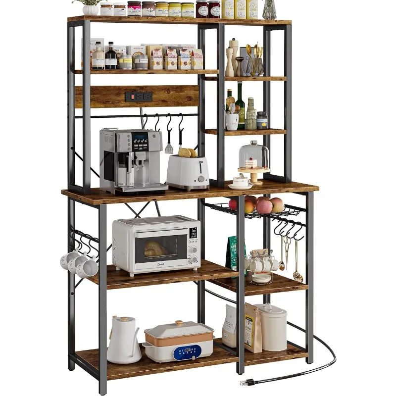 

Large Bakers Rack with Power Outlets, 6-Tier Microwave Stand, Coffee Bar with 12 S-Shaped Hooks, Kitchen Shelf with Wire