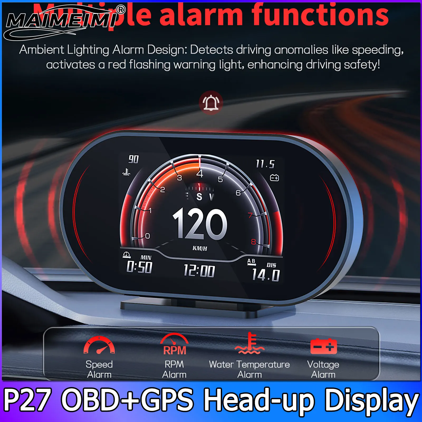 On-Board-Computer Auto OBD HUD P27 Tachometer Strecken-Display Wasser- & Öltemperatur Kraftstoffverbrauch Auto-Elektronik-Zubehör GPS-Geschwindigkeit – Detail 3