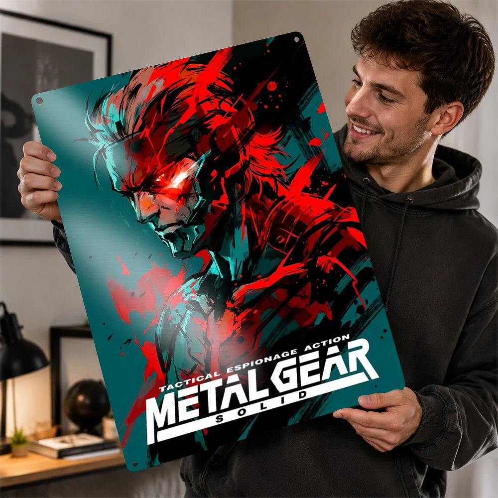 Tactical Cyborg Warrior Red Illustration Textured Metal Poster Graphic Wall Art For Gaming Room Customized Aluminum Sign Gift