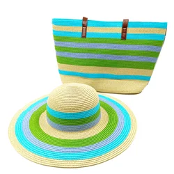 Colorful Striped Straw Hat Bag Set Summer Hat Women's Handwoven Bucket Bag Outdoor Sun Protection Hat  gorras para mujer