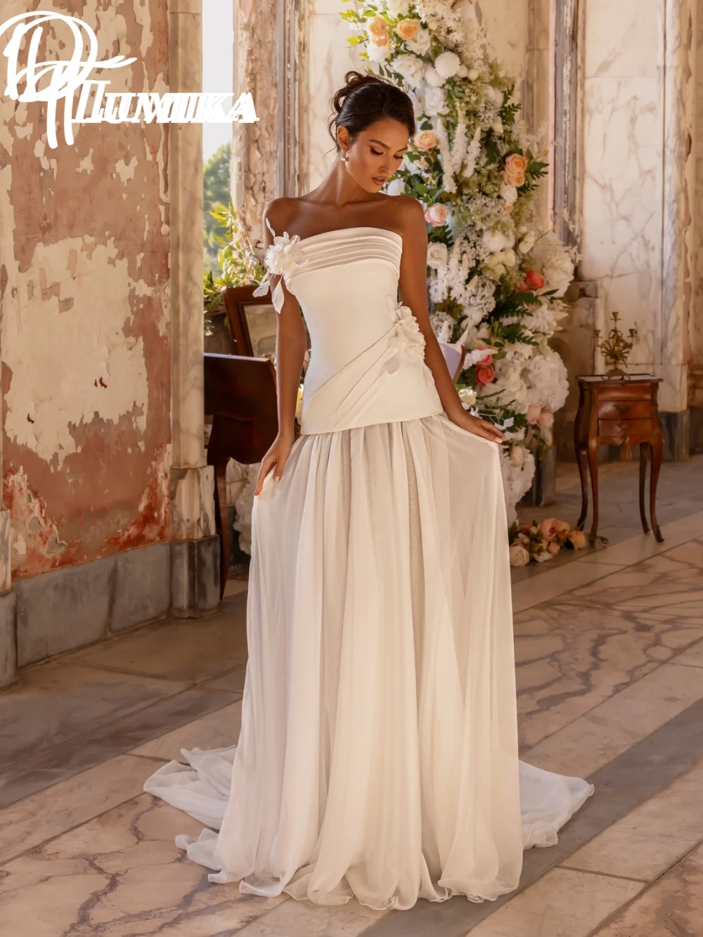 فستان زفاف فاخر من الساتان بكتف واحد 2026 فستان زفاف رومانسي ثلاثي الأبعاد على شكل زهرة حالمة على شكل حرف a بطول الأرض رداء De M #4