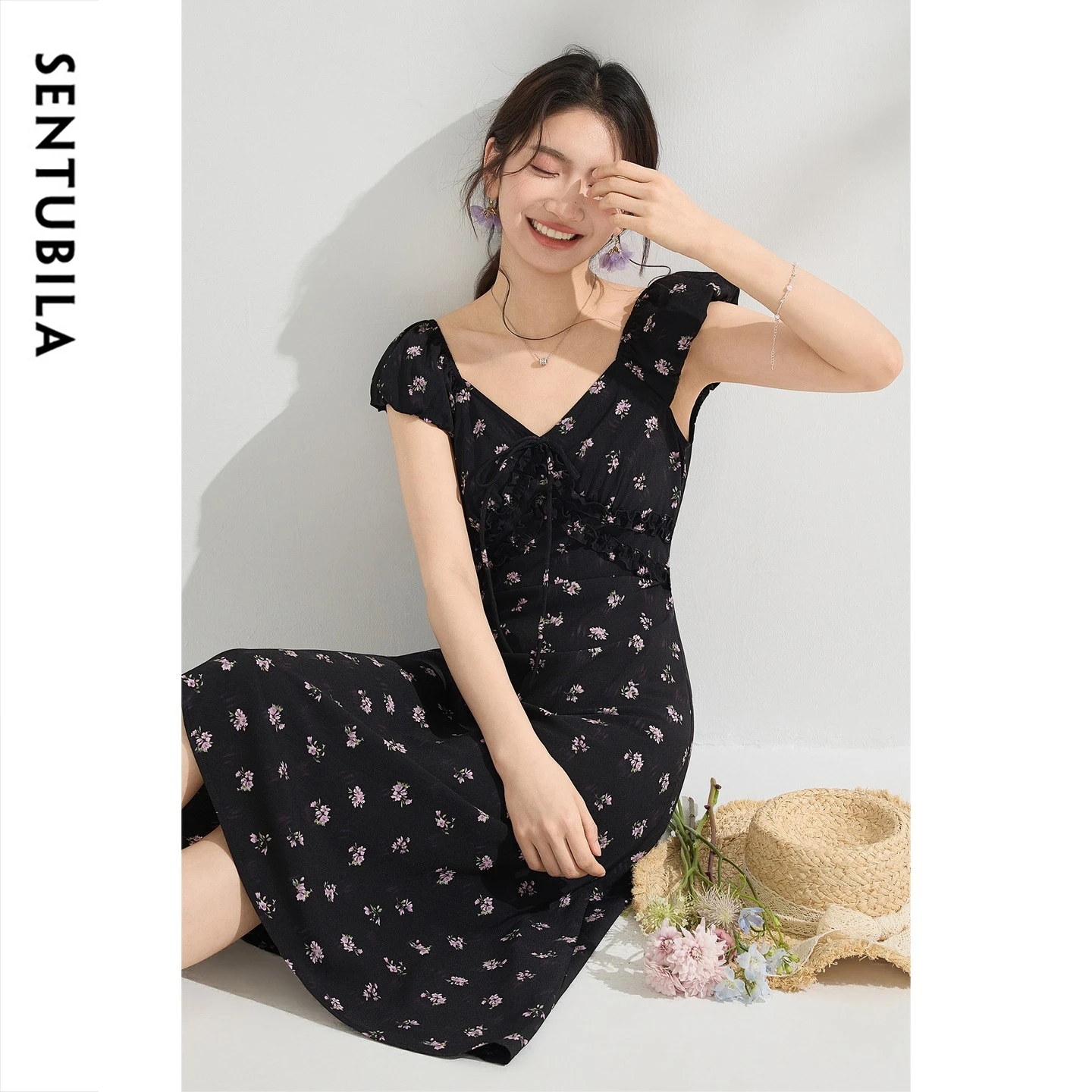 

SENTUBILA Women Summer Floral Print Tea Dress Lady 2026 Elegant Vacation Beach Tie Dye Printed Sundress Woman Clothes 162LF7069