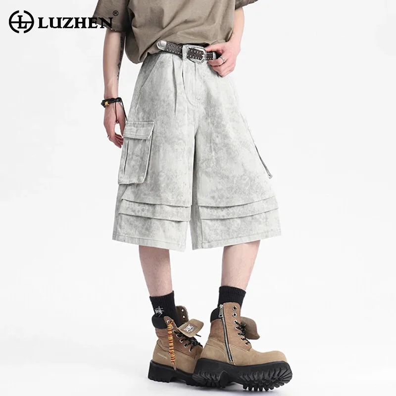 

LUZHEN плиссированные брюки с пятиконечной завязкой и карманами, украшенные мужские летние свободные прямые шорты-карго 2025, JY3537