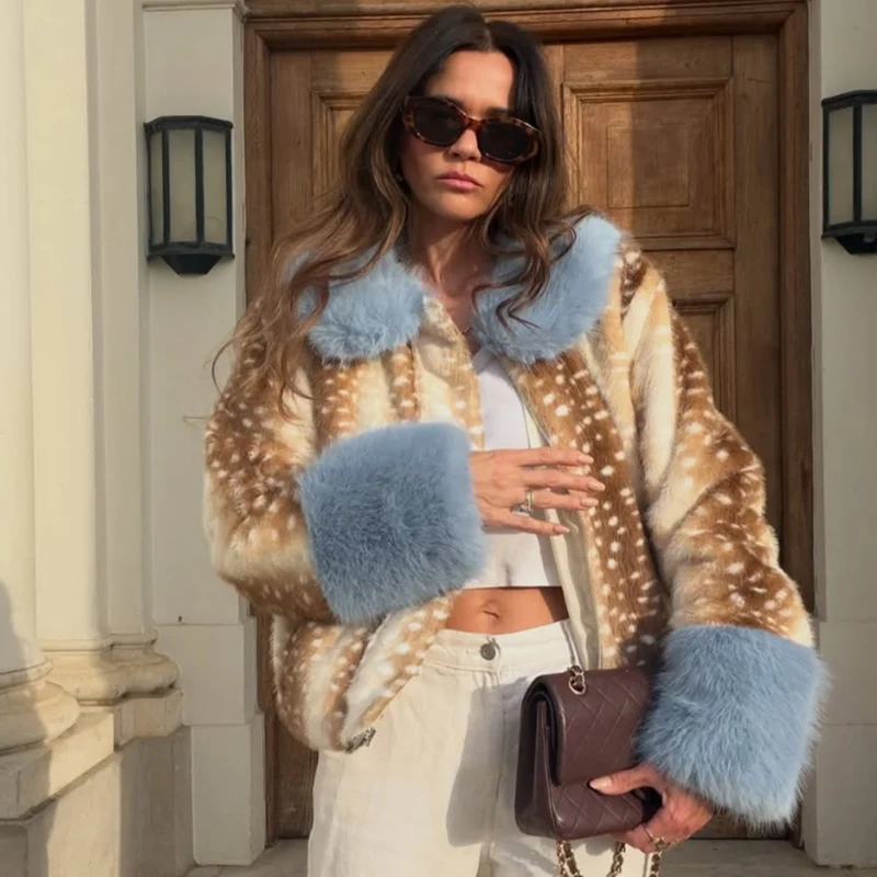 Women's Deer Print Faux Fur Coat Warm 2026 New Fashion Long Sleeve Patchwork Jacket for Women Casual Chic Ladies Outerwear