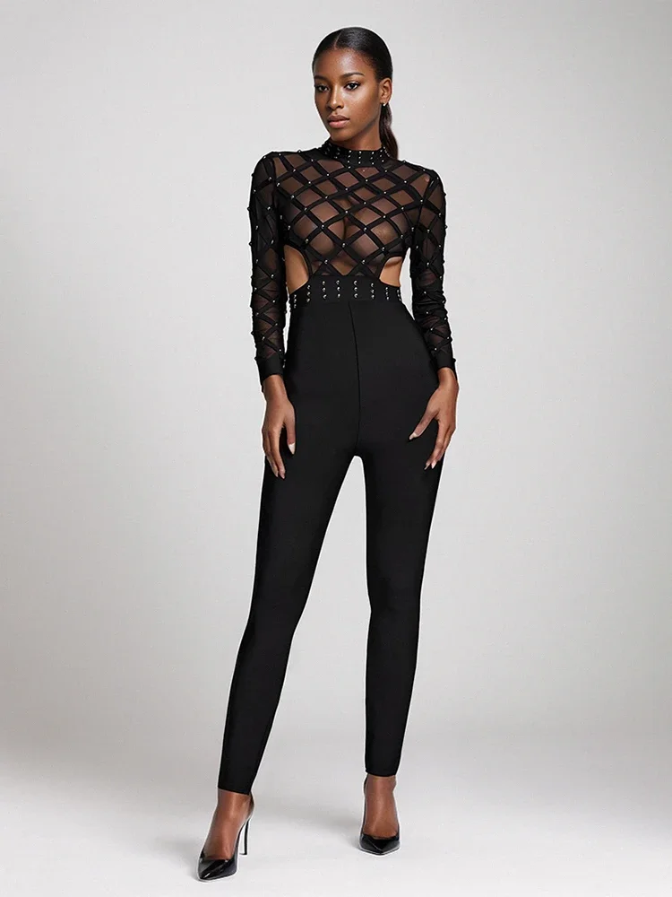 

Sexy O Neck Mesh Patchwork Rivet Design Bandage Jumpsuit Women Black Long Sleeve Hollow Out Pencil Jumpsuit Evening Cocktail