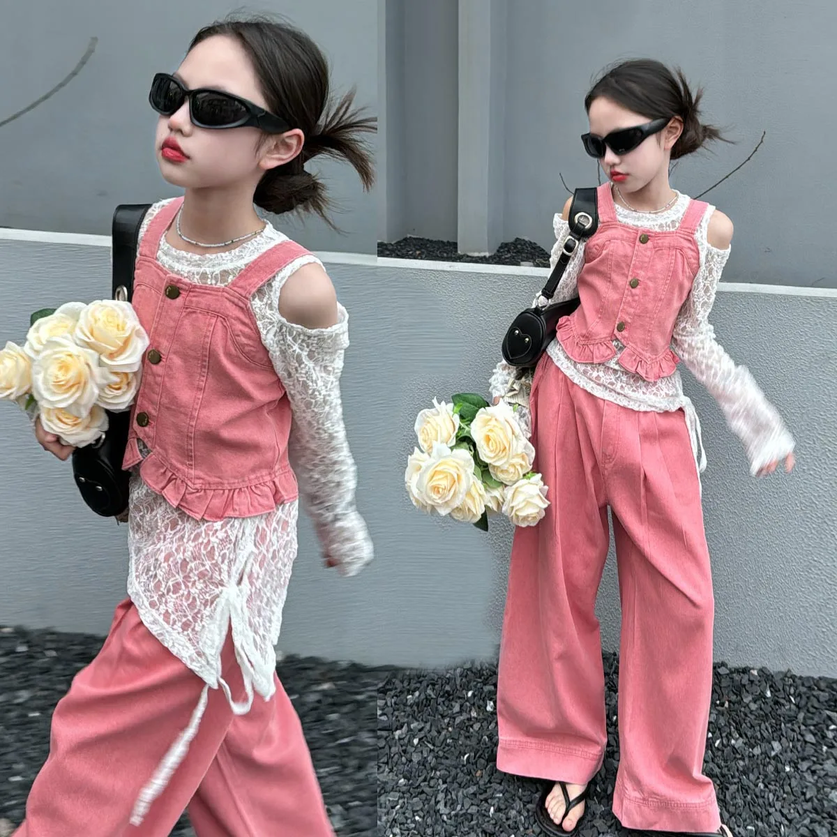 

Summer Girls Denim Clothing Set Fashion Vest Wide Leg Jeans Two Pieces School Teenage Kids Dance Performance Outfits 10 12 13 Y