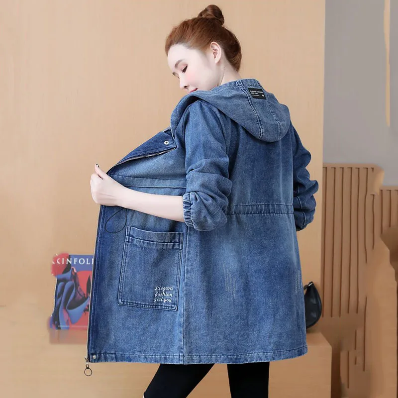 2023 Spring Autumn New Hooded Denim Jacket Women\'s Outerwear Loose Vintage Cowboy Windbreaker Coat Female Mid Long Jeans Outcoat